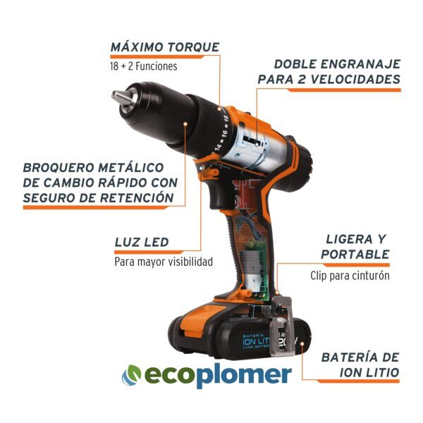 ROTOMARTILLO INALAMBRICO BATERIA ION LITIO 20 V 1/2" - Imagen 2